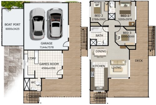 3 Bedroom + Granny Flat Two Storey House Plan No 251KR: 3 Bed + 2 Bath