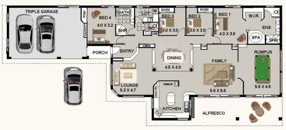 4 Bed + 2 Bath + Triple Garage house plan