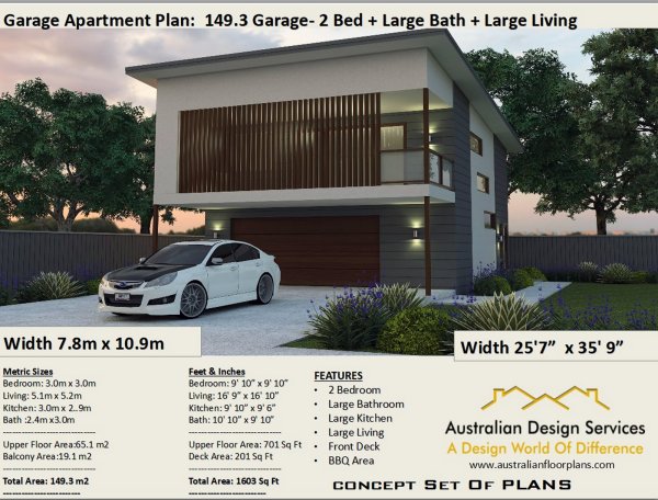 2 Bed + Study Garage Apartment House Plan