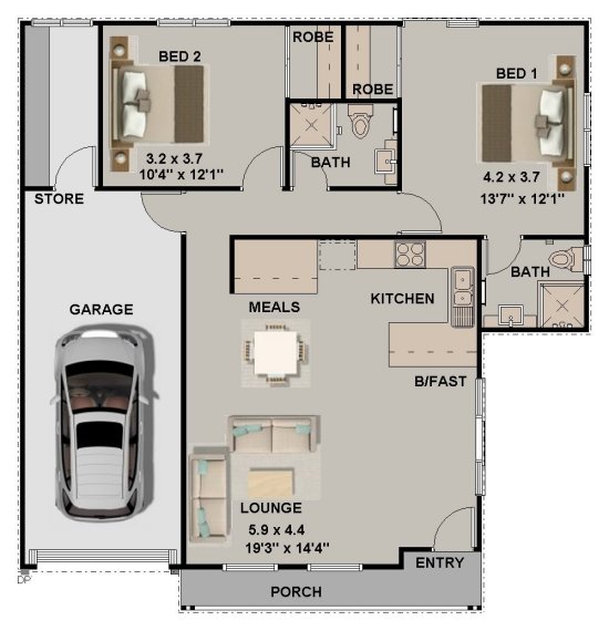 2 Bed+2 Bath House Plan:Hamptons 124.5