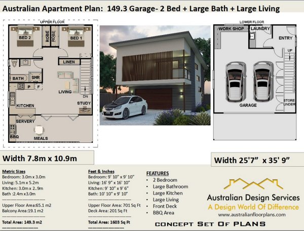 2 Bed + Study Garage Apartment House Plan