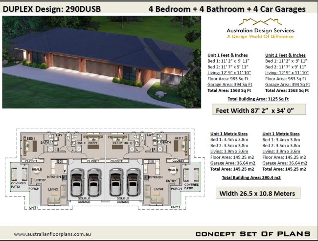 Duplex House 4 Bedroom 4 Bathroom Plan:290.4DUSB