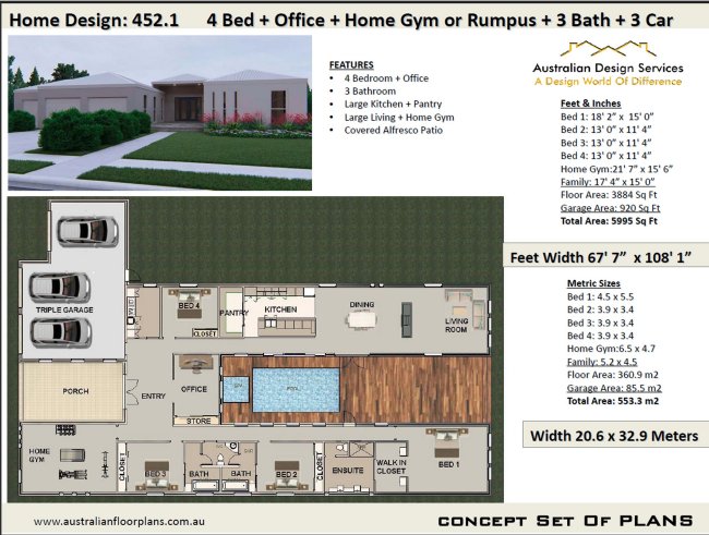 Large 4 Bedroom + Office House Plan:452KR