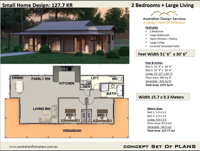 2 Bedroom Small Ranch Style House Plan