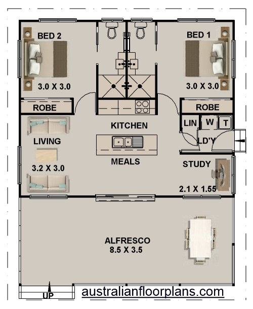 2 Bed + Study Granny Flat House Plan