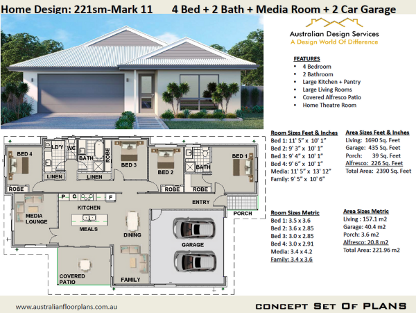 Modern 4 Bedroom + Media Room House Plan:221SB-Mark11