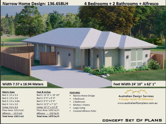 Narrow Lot 4 Bed Home Plan:136.6SBLH