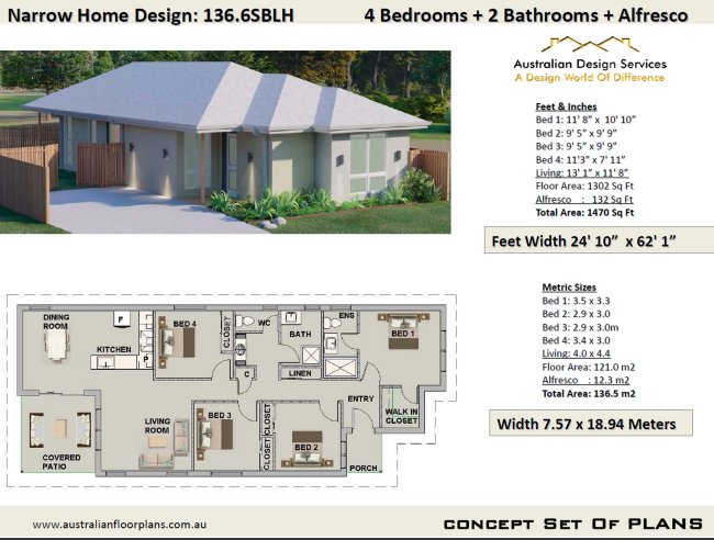 Narrow Lot 4 Bed Home Plan:136.6SBLH