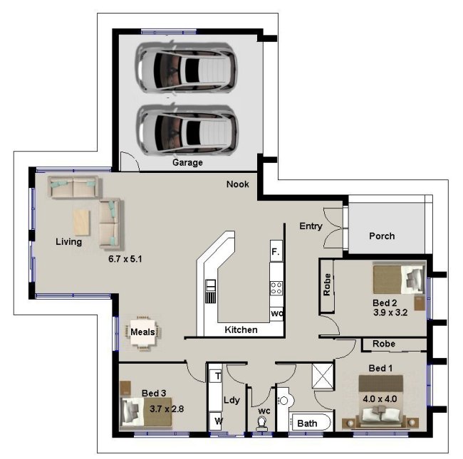 3 Bedroom + Carport House Plan