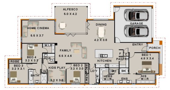 4 BEDROOM Home Plan No 267.5SPLH: 4 BEDROOM + 2 Bath + Cinema Ranch ...