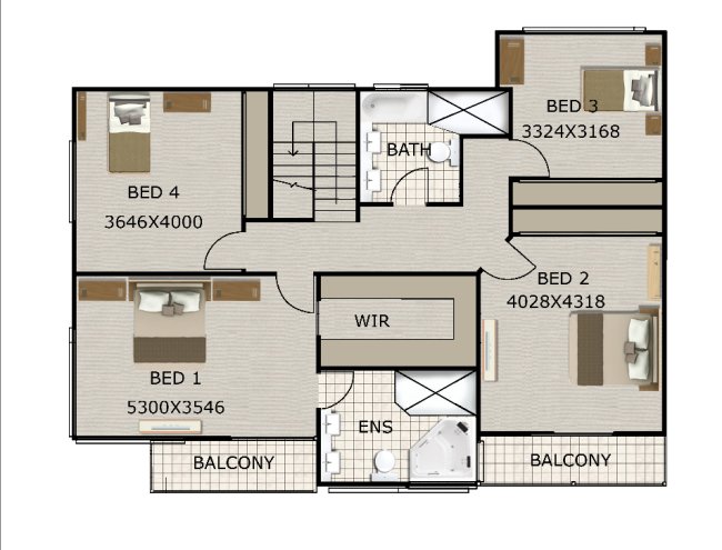 4 Bed Room Narrow Lot House Plan