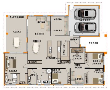 4 Bedroom + Study + Media + Kids Room house plan