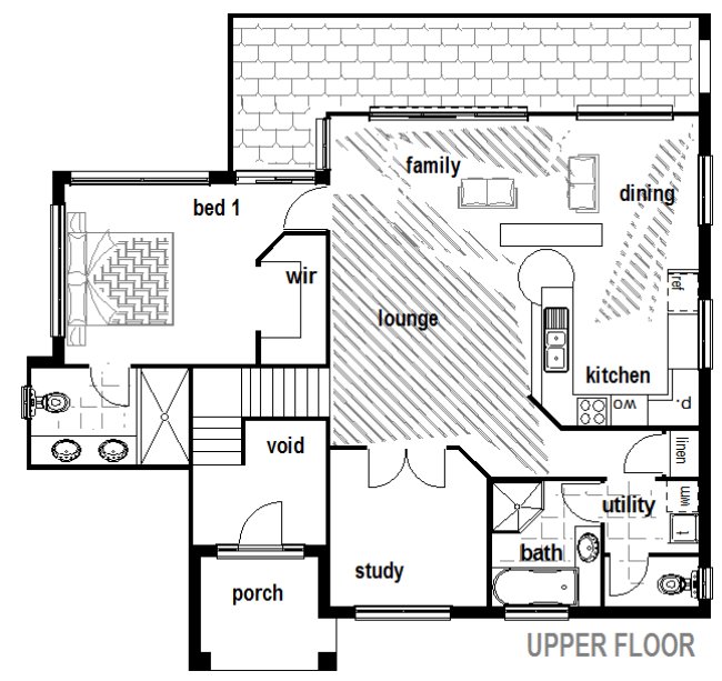 Dual Livinag Areas-4 Bed Room House Plan: