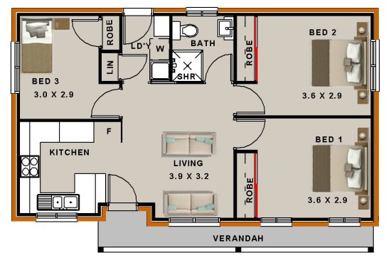 3 Bedroom Small Home Plan No 66GR : 3 Bed + Bath + Ld'y |3 Bed + Bath ...